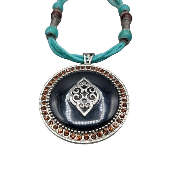 Faux Turquoise Large Pendant Necklace Runway Style Silver Tone 21" Beaded Chain - Picture 13 of 16